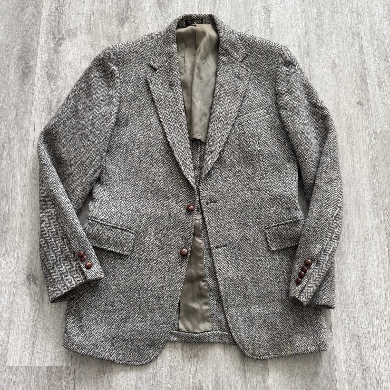 Vintage Nordstrom Blazer Mens 42 Gray Herringbone Tweed Pure Wool Sport Coat